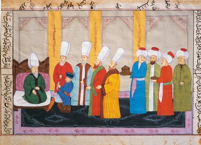 Ottomaanien miniatyyri, joka kuvaa Euroopan suurlähettilästä Topkapin palatsin hovissa, käsikirjoitus, Turkki tekijältä Turkish School