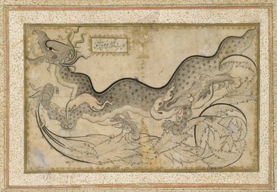 Saz-tyylinen piirros lohikäärmeestä lehdistön keskellä, n. 1540-50 (muste, peittävä vesiväri ja kulta paperille). tekijältä Turkish School