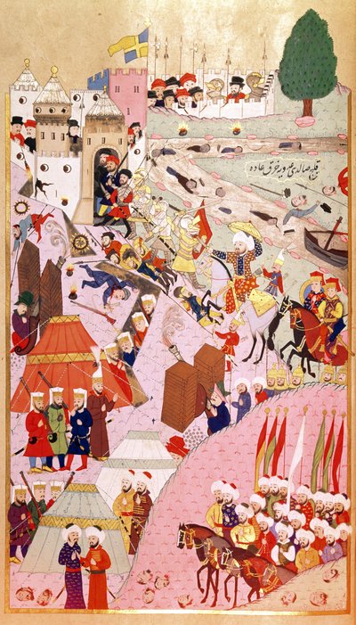 Sulttaani Mehmet II:n hyökkäys Belgradiin "Valloittaja" (1432-1481), teoksesta "Hunernama" (Ms Hazine. 1524) tekijältä Turkish School