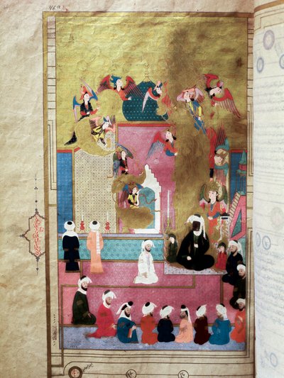 Profeetta Muhammad (Mohammed tai Muhammad) (570-632) (kasvot peitettynä) Miracin aikana, hänen nousunsa seitsemännelle taivaalle Pienoiskuva historioitsija Seyyid Loqman Ashurin käsikirjoituksesta "Zubdat al-Tawarikh" (tai Zubdat al Tawarikh) Murad III:n r tekijältä Turkish School