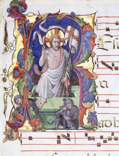 Erittäin suuri historiallinen kirjain "A", joka osoittaa ylösnousemuksen, n. 1400-1450 tekijältä Tuscan School