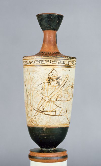 Ullakkovalkoinen lekythos, joka on koristeltu Charonilla, alamaailman lauttajalla, joka vastaanottaa kuolleen ihmisen sielun, Ateenasta, n. 475-425 eKr. (keramiikka) tekijältä Tymbos Painter