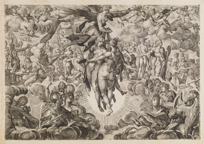 Maalaus, veistos ja arkkitehtuuri, turkkilaisten kieltämä, vedetty Olympukseen tekijältä Ubekendt efter Jan Muller; H. Goltzius; Ae. Sadeler og Lucas Kilian efter Bartholomeus Spranger