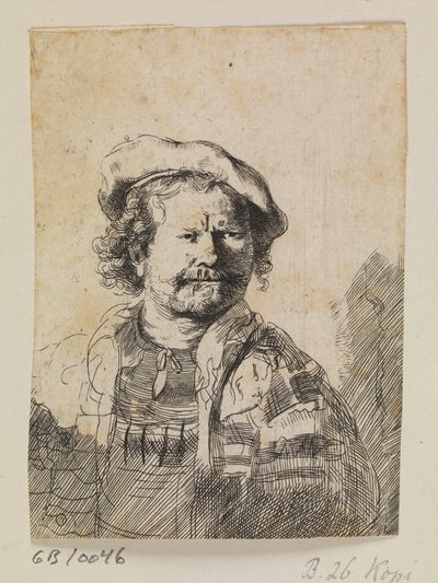 Rembrandt litteässä lippiksessä ja brodeeratussa mekossa tekijältä Ubekendt efter Rembrandt