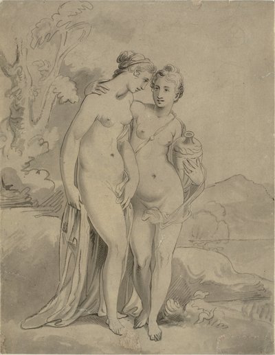 Kaksi nymfiä maisemassa tekijältä Ubekendt engelsk kunstner 1820