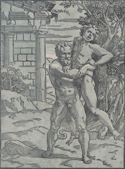 Hercules ja Antaeus, n. 1517-18. tekijältä Ugo da Carpi