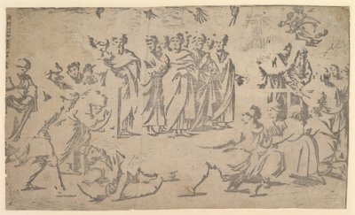 Ananiaksen kuolema apostolien ympäröimänä, 1518. tekijältä Ugo da Carpi