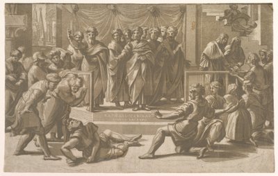 Ananiaksen kuolema apostolien ympäröimänä, 1518. tekijältä Ugo da Carpi
