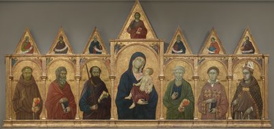 Neitsyt ja lapsi pyhien Franciscuksen, Andreaksen, Paavalin, Pietarin, Stephenin ja Ludvig Toulousen kanssa, n. 1317-21 tekijältä Ugolino di Nerio
