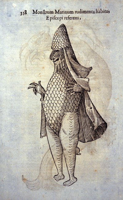 Ulisse Aldrovandin (1522-1605) merien eveque, kuvitteellinen kala ja merihirviö, "History of Monsters", Bologna 1642 tekijältä Ulisse Aldrovandi
