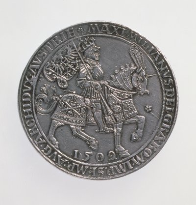 Keisari Maximilian I:n (1493-1519) Kronungsdoppelguildiner (kaksois-guildener), Antwerpenin rahapaja, vuoden 1509 kolikon uudelleen liikkeellelasku, 1517 (kääntöpuoli) (hopea) (kääntöpuoli katso 168075) tekijältä Ulrich Ursentaler