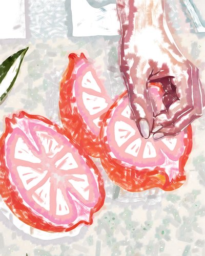 Käsi ja vaaleanpunainen sitrushedelmä tekijältä Uma Gokhale