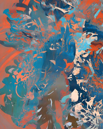 Oranssi-sininen abstrakti maalaus tekijältä Uma Gokhale