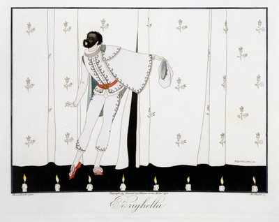 Brighella, Le Journal des Dames et des Modesin "Italian teatterin naamiot ja hahmot" -painoksesta, kaiverrus Henri Reidel (fl.1914-20) 1914 (värilitho) tekijältä Umberto (after) Brunelleschi