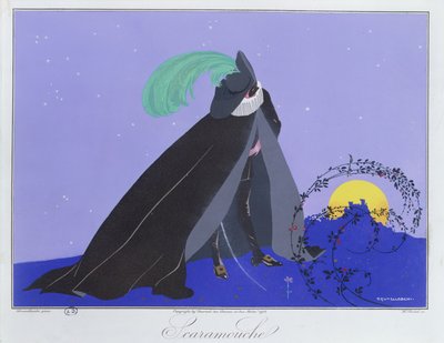 Scaramouche, "Italian teatterin naamiot ja hahmot" -julkaisusta "Le Journal des Dames et des Modes", kaiverrettu Henri Reidel (fl.1914-20) 1914 (väri litho) tekijältä Umberto (after) Brunelleschi