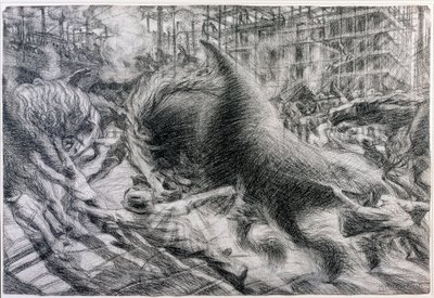 Futurismi: "" La citta che dirty"" (Nouseva kaupunki). Umberto Boccionin (1882-1916) piirustus kartongille tekijältä Umberto Boccioni