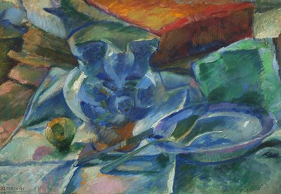 Tyyni elämä keramiikkaa, ruokailuvälineitä ja hedelmiä, 1915 tekijältä Umberto Boccioni