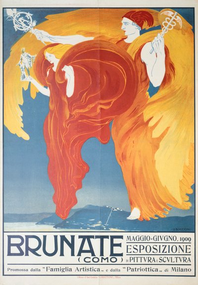Juliste Umberto Boccionin (1882-1916) maalaus- ja veistosnäyttelyyn Brunate, kromolitografi, 70x50 cm tekijältä Umberto Boccioni