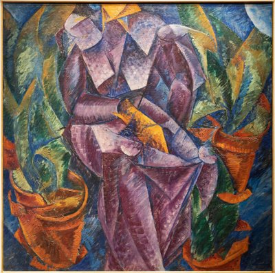 Spiraali kohtisuora rakenne. Istuva nainen tekijältä Umberto Boccioni