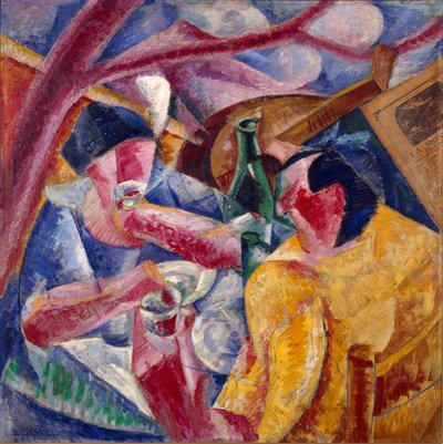 Pergolan alla, Umberto Boccionin (1882-1916) Napolimaalaus 1914. Öljy ja kollaasi kankaalle. Himmeä. 83x83 cm Milano, Novecenton museo tekijältä Umberto Boccioni
