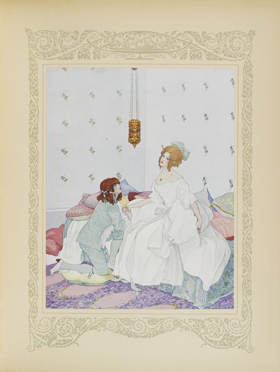 Heti kun hän tunnisti hänet, hän heittäytyi hänen jalkojensa juureen, kuvitus teoksesta "Contes du Temps Jadis" tai "Tales from Times Past", s. 48 tekijältä Umberto Brunelleschi