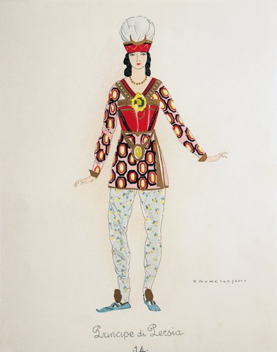 Giacomo Puccinin Turandotin Persian prinssin asu, Umberto Brunelleschin (1879-1949) luonnos oopperan ensiesitykseen Teatro alla Scalassa Milanossa, 25. huhtikuuta tekijältä Umberto Brunelleschi
