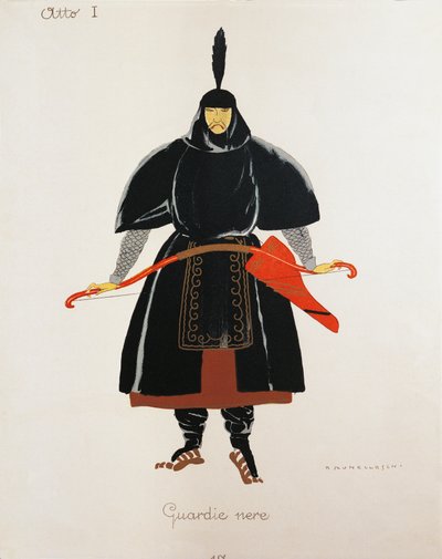Giacomo Puccinin Turandotin mustien vartijoiden asu, Umberto Brunelleschin (1879-1949) luonnos oopperan ensiesitykseen Teatro alla Scalassa Milanossa, 25. huhtikuuta tekijältä Umberto Brunelleschi