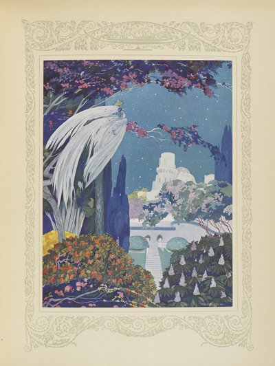 Kaunis Sinilintu ei kuitenkaan koskaan lakannut leijumasta palatsin ympärillä, kuvitus teoksesta "Contes du Temps Jadis" tai "Tales from Times Past", s. 32 tekijältä Umberto Brunelleschi