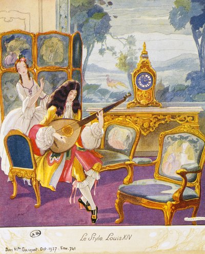 Ludvig XIV:n tyylinen kohtaus, teatteriympäristö, vesiväri tekijältä Umberto Brunelleschi