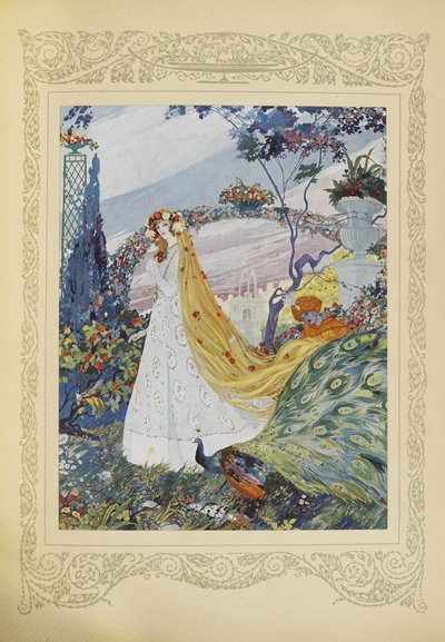 Hän peitti aina kiharat hiuksensa kukkakruunulla päässään, kuvitus teoksesta "Contes du Temps Jadis" tai "Tales from Times Past", s. 10 tekijältä Umberto Brunelleschi