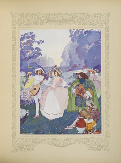 Paimenet ja paimentyttäret tanssivat huilujen ja säkkipillien soidessa, kuvitus teoksesta "Contes du Temps Jadis" tai "Tales from Times Past", s.74 tekijältä Umberto Brunelleschi