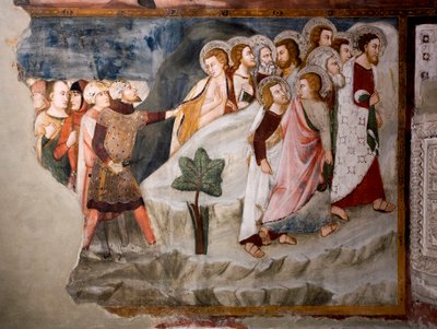 Pako apostoleilta. Yksityiskohta. Umbrian koulukunnan fresko 1400-luvulta. Ylempi kirkko. Pyhän Benedetton luostari (Sacro Speco), Subiaco (Rooma), Italia tekijältä Umbrian School
