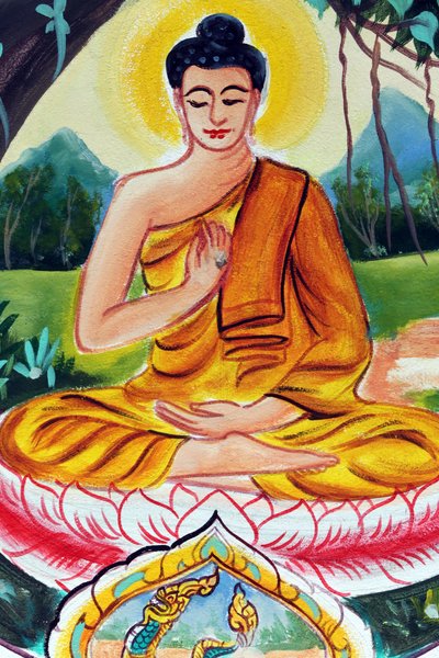 20151029, Vientiane, Laos : Wat Inpengin buddhalainen temppeli. Shakyamuni Buddhan elämäntarinaa kuvaava maalaus. Opetusbuddha kuvaa tiettyä hetkeä Buddhan elämässä, nimittäin ensimmäistä saarnaa, jonka Buddha piti saavutettuaan valaistumisen tekijältä Unbekannt