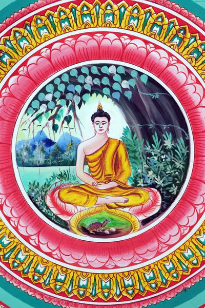 20151029, Vientiane, Laos : Wat Inpengin buddhalainen temppeli. Shakyamuni Buddhan elämäntarinaa kuvaava maalaus. Buddha istuu meditaatioasennossa tekijältä Unbekannt