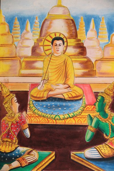 20151102, Vang Vieng, Laos : Shakyamuni Buddhan elämäntarinaa kuvaava maalaus. Buddha omistautui opettamiseen ja houkutteli satoja seuraajia tekijältä Unbekannt