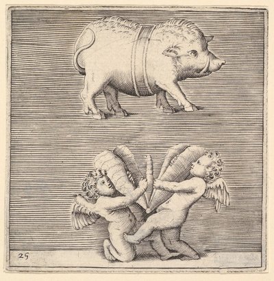 Vyöpossu ja kaksi amoria tai neroa perhonen tai koiperhonen kanssa, julkaistu n. 1599-1622. tekijältä Unbekannt