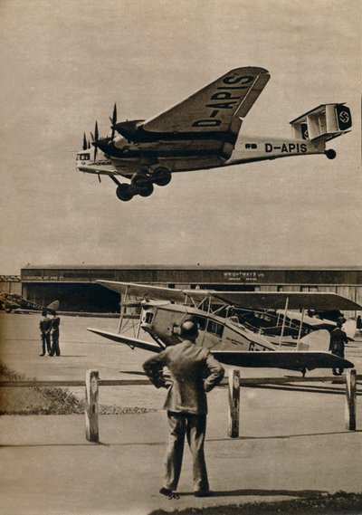 Saksalainen Junkers-lentokone saapumassa Croydonin lentokentälle, c1934 c1937 tekijältä Unbekannt