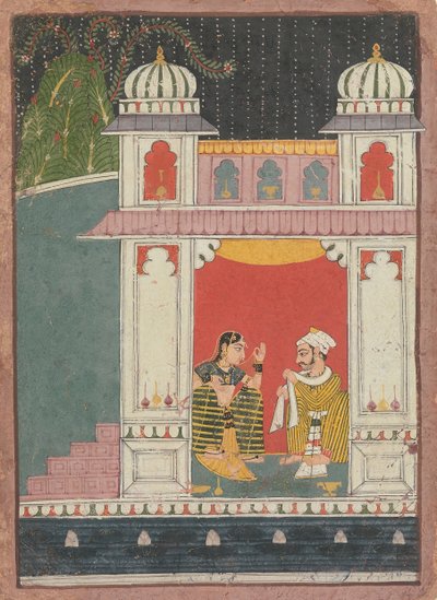 Sankaritar ja hänen rakastajansa paviljongissa: Sivu hajallaan olevasta Nayikabhedasta, n. 1660-80. tekijältä Unbekannt