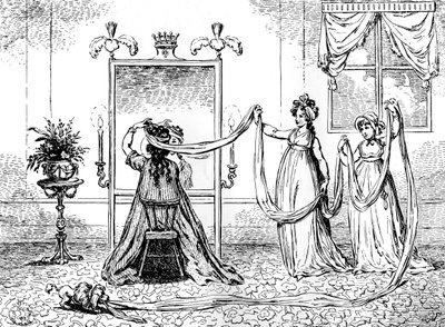 Lady pukemassa lakkiaan, kesäkuu 1795 tekijältä Unbekannt