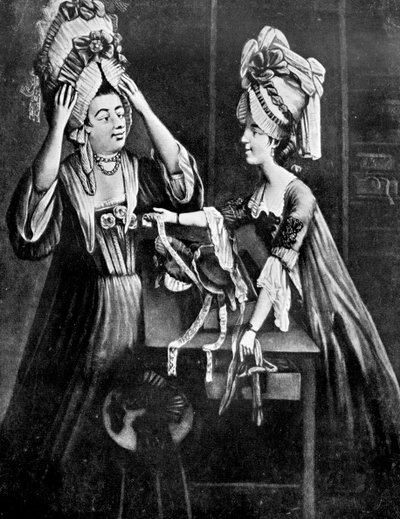 A Milliners Shop, rouva Monopolize, teurastajan vaimo, ostamassa modernia päämekkoa, 1772 tekijältä Unbekannt