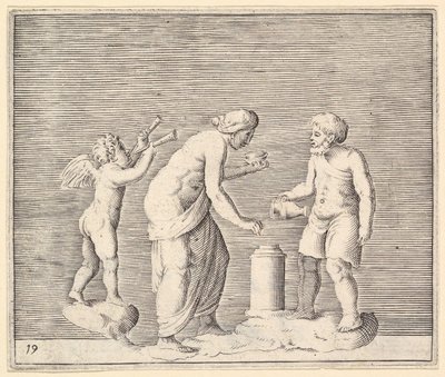 Nainen ja mies uhraamassa Cupidon läsnäollessa, julkaistu n. 1599-1622. tekijältä Unbekannt
