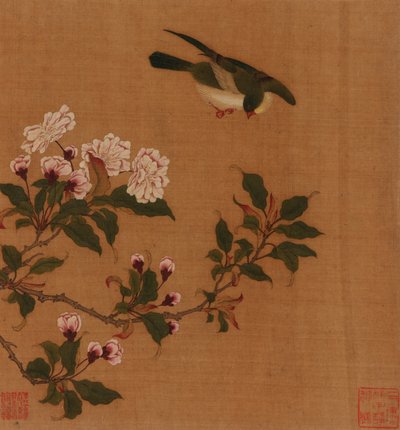 Kukkivien oksien päällä leijuva lintu, Qing-dynastia, 1700-luku. tekijältä Unbekannt