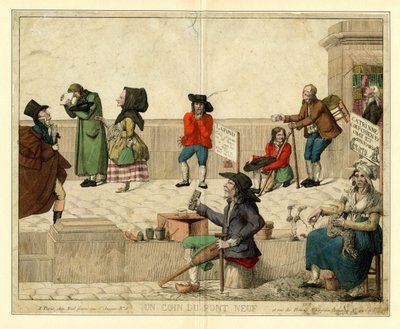 Pont Neufin kulma Pariisissa, ontuvien kerjäläisten ja katukauppiaiden kanssa, noin 1813. tekijältä Unbekannt