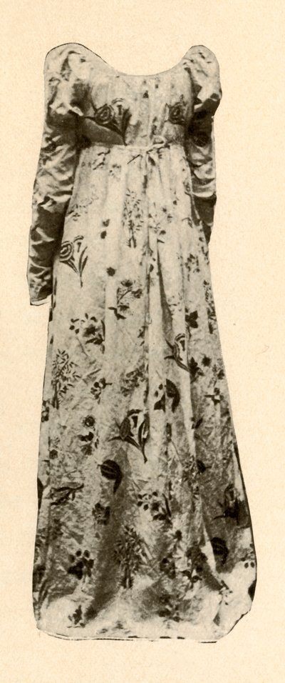 Madame Chevalierin käyttämä puku kiiltävästä lasitetusta chintzistä, n. 1795, 1937. tekijältä Unbekannt