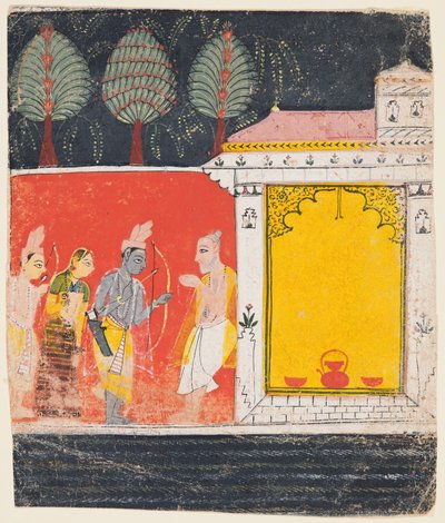 Sivu Ramayanasta: Yökohtaus Ramasta, Lakshmanista ja Sitasta ennen rishiä..., c. 1650. tekijältä Unbekannt