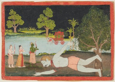 Sivu Ramayanasta: Rama, Lakshman ja Sita ennen surmattua jättiläistä, n. 1770. tekijältä Unbekannt
