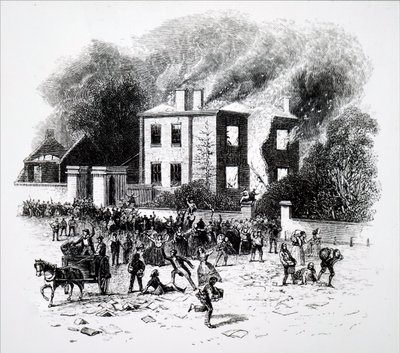 Kohtaus vuoden 1791 Birminghamin mellakoista. tekijältä Unbekannt