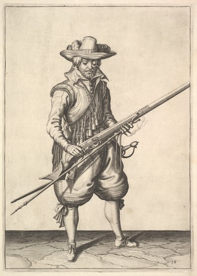 Sotilas ravistelee jauhetta kattilan päältä, Musketeers-sarjasta, levy 19, sisään... tekijältä Unbekannt
