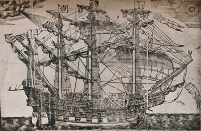 Puupiirros laivasta, jonka uskotaan olevan The Ark Royal, c1587 tekijältä Unbekannt