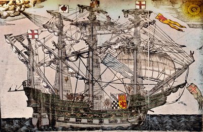 Puupiirros laivasta, jonka uskotaan olevan The Ark Royal, c1587 tekijältä Unbekannt